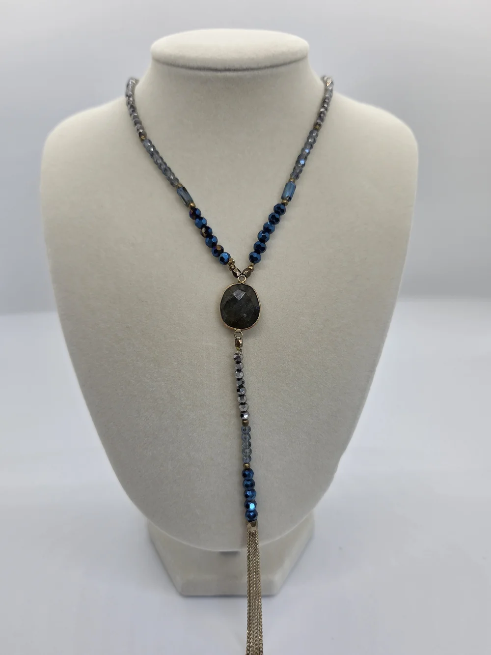 Handcrafted Blue Beaded Gold Tassel Necklace